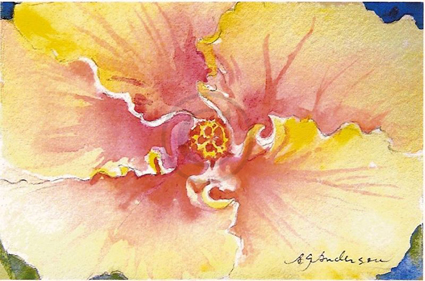 A delicate watercolor, taking an up close view of a yellow hibiscus. The soft lemon yellow of the petals deepens into a tropical pink at the heart of the flower.